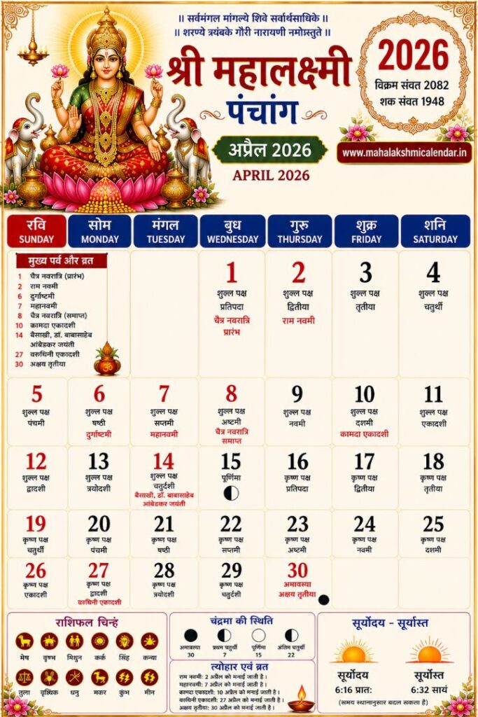 Mahalakshmi Calendar April 2026