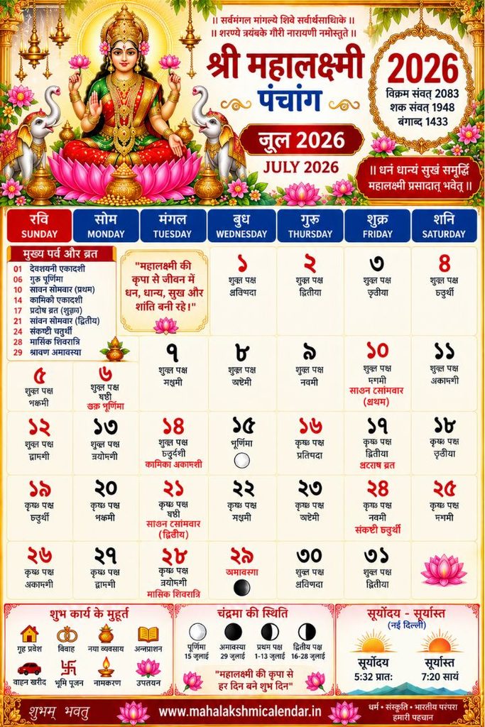 Mahalakshmi Calendar July 2026