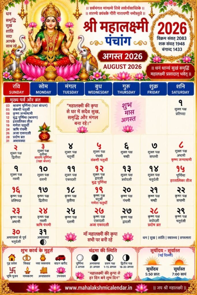 Mahalakshmi Calendar August 2026