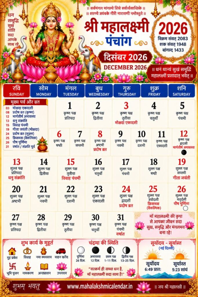Mahalakshmi Calendar December 2026