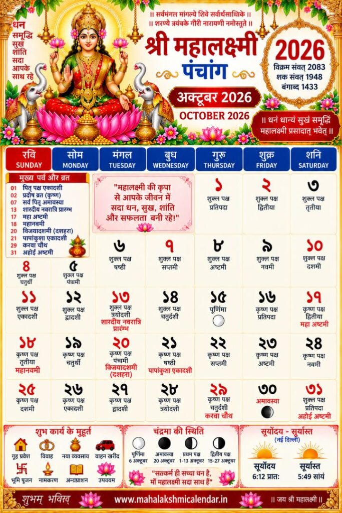 Mahalakshmi Calendar October 2026
